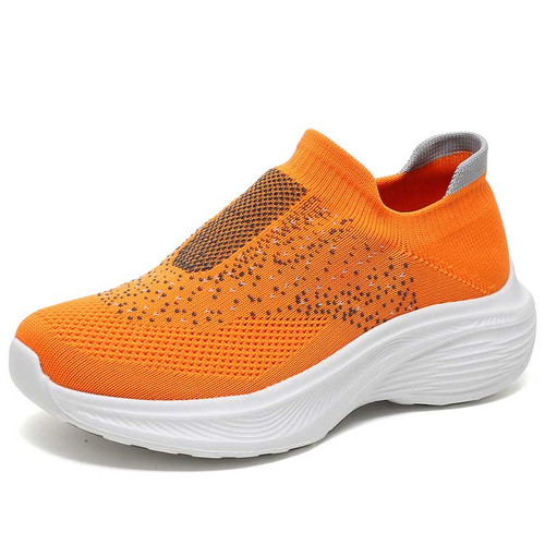 Women's orange pattern texture sock like flyknit slip on shoe sneaker 01